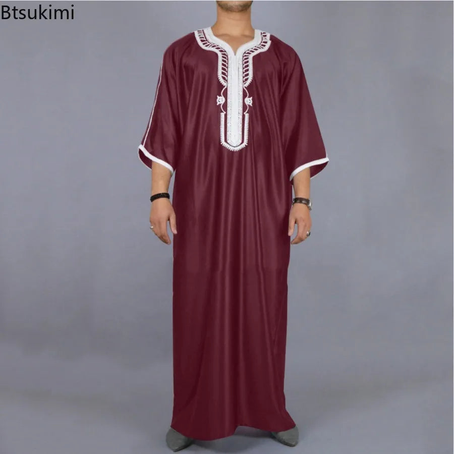 2025 Abaya Men Ramadan Cream Zina Islam Robe Kameez Galabia Spring New Ethnic Style Loose Casual Embroidered White Muslim Robe