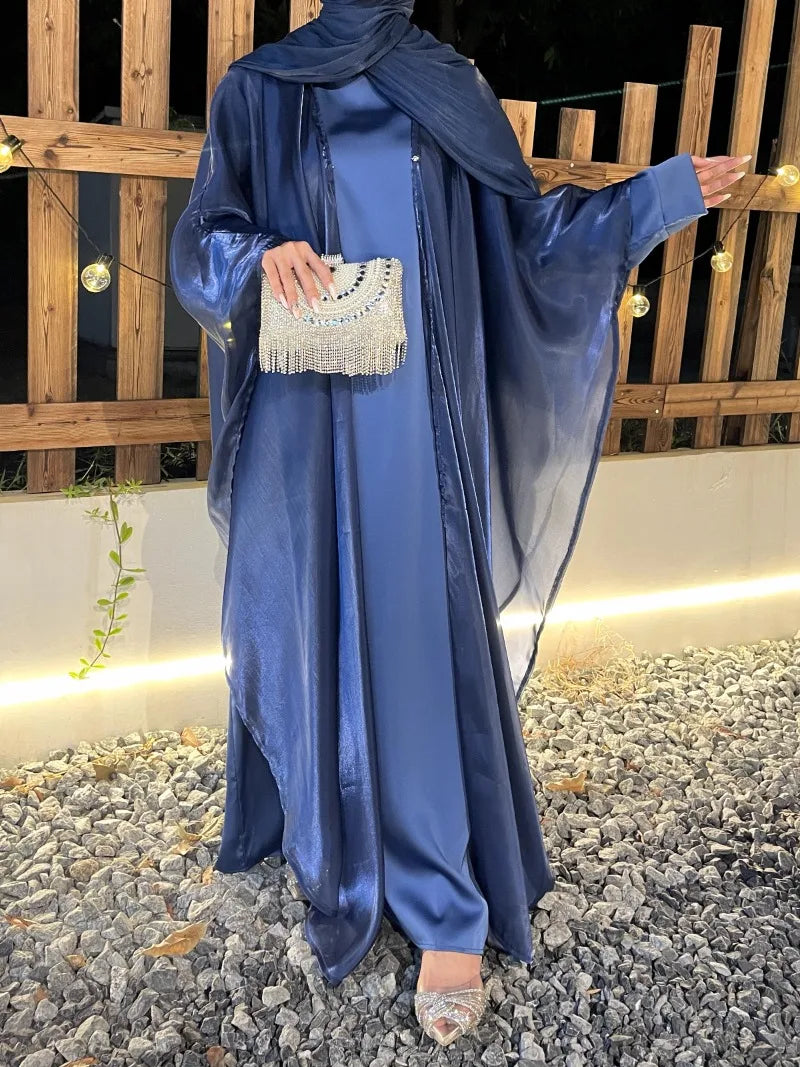 Cross-border foreign trade women's Muslim clothing Abaya solid color organza suit simple shawl outer skirt suit