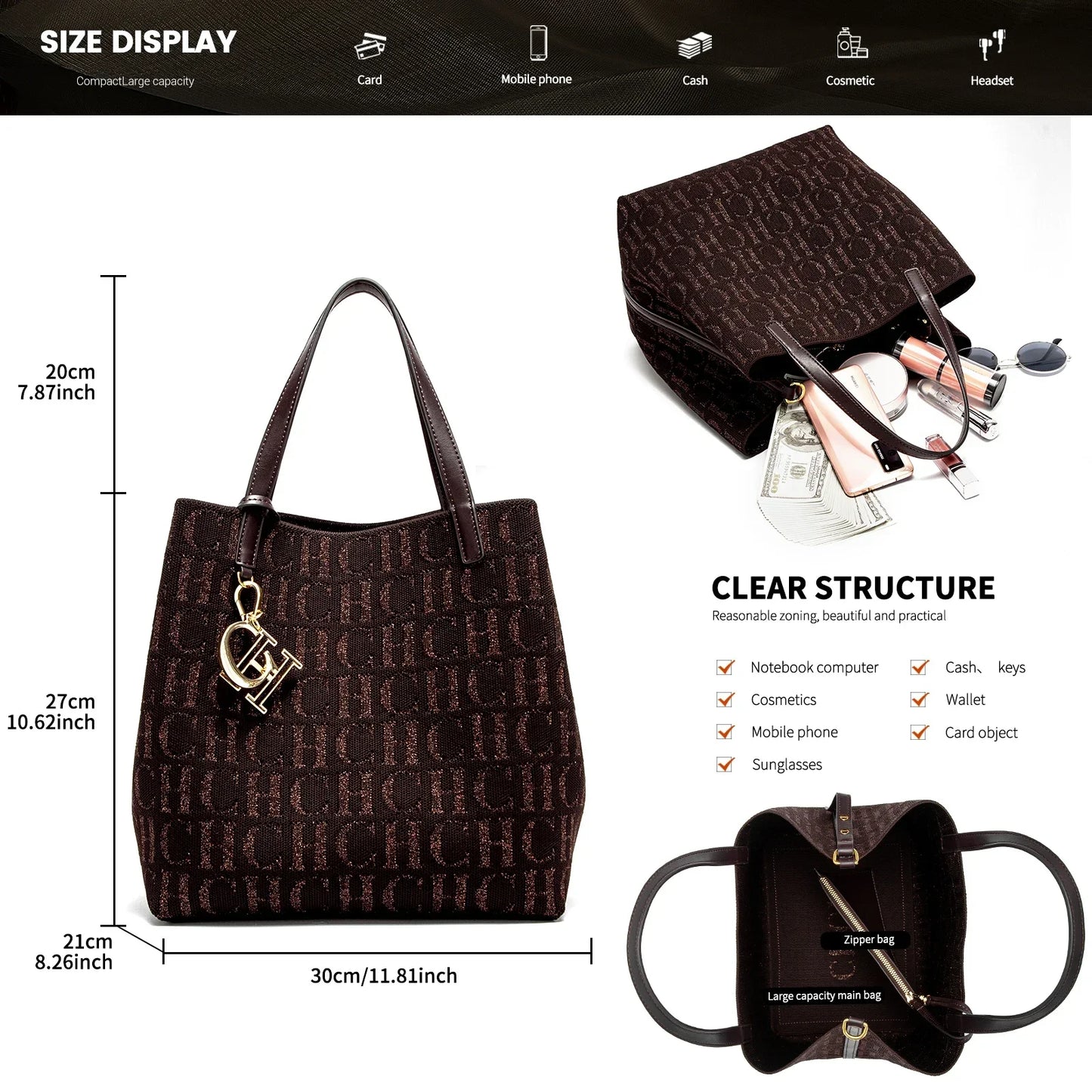 Accessories Handbag Fashion New Solid Color Women's Bucket Bag Large Capacity Letter Design Small Card Bag