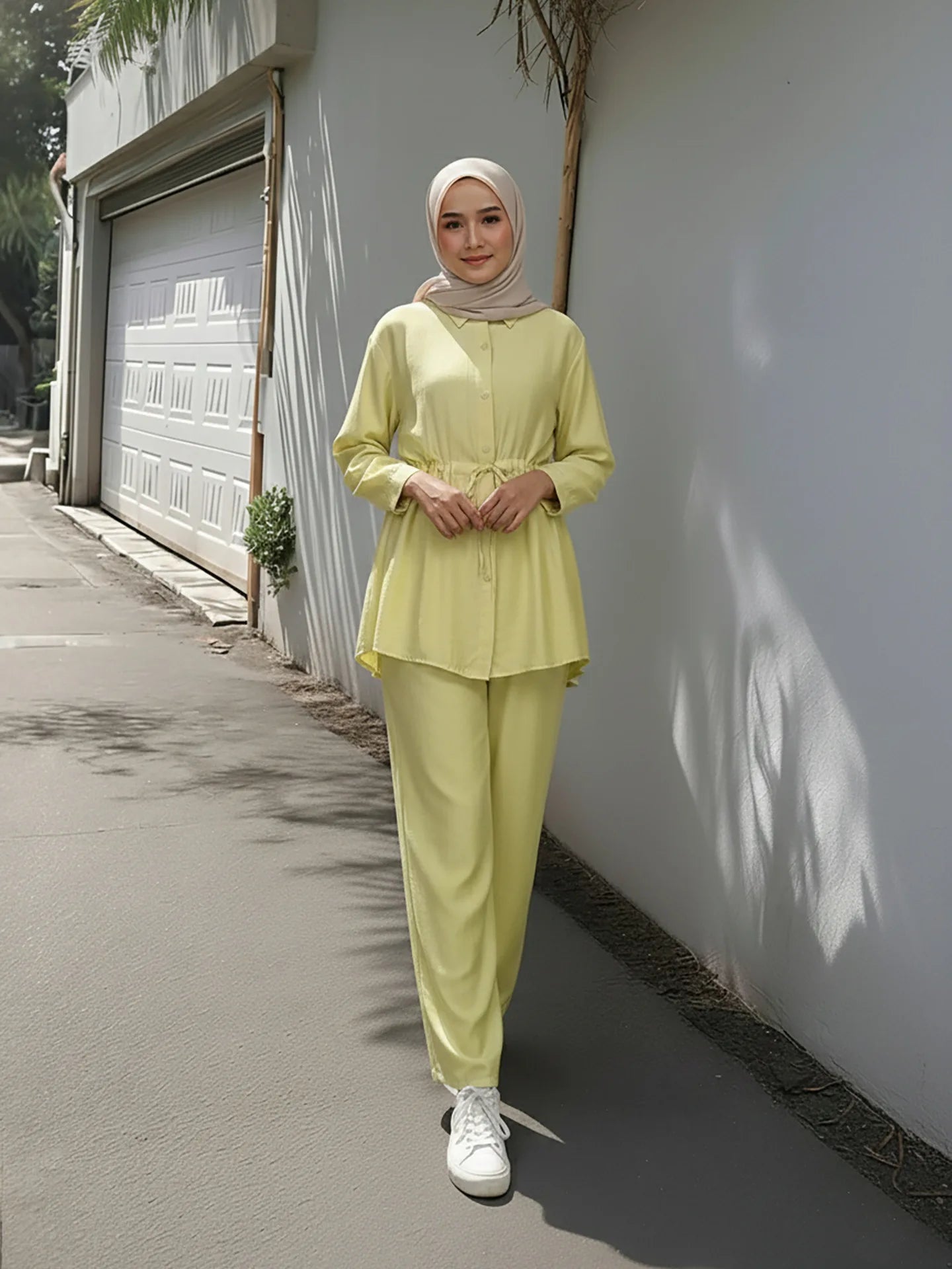 Turn Down Collar Rope Laced 2 Piece Set Women Clothing Wide Leg Pants Ramadan Prayer Dubai Islamic Clothes Turkish Abaya