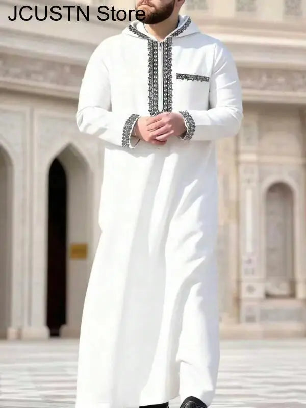 Muslim Men's Robes Hooded Embroidered Robes Arabic Thobe Ethnic Style Traditional Casual Thawb Islamic Prayer Clothes Moroccan