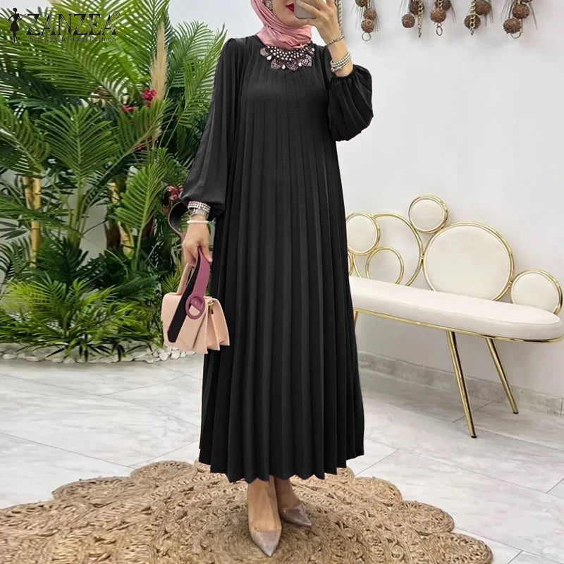 ZANZEA Women Muslim Fashion Dresses Elegant Long Lantern Sleeve Loose IsIamic Vestidos Kaftan Solid Pleated Sundress Robe Femme