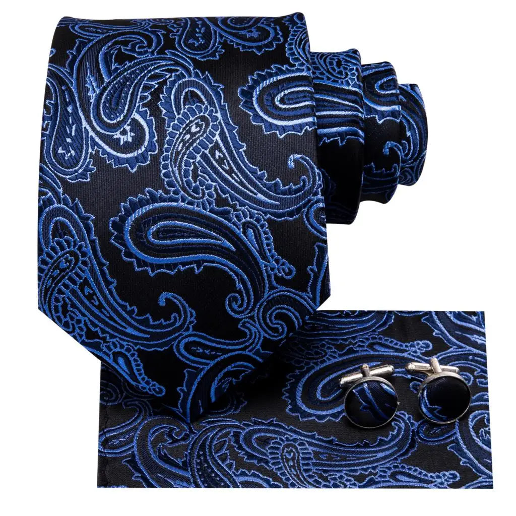 Hi-Tie Designer Black Blue Paisley 63inch Silk Men Tie 160cm Extra Long Ties for Men Woven Classic Men Necktie Pocket Square Set