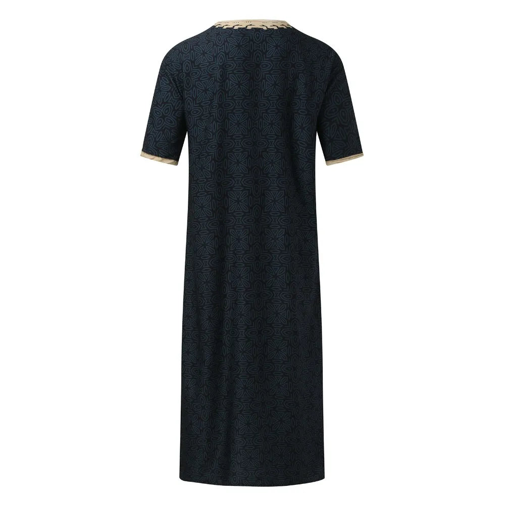 Men's Arabian Thobe - Summer V-Neck Short Sleeve Robe, Loose Fit Muslim Islamic Clothing for Casual Wear