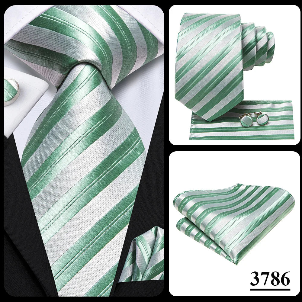 Hi-Tie Men Fashion Striped Navy Blue Necktie Handkerchief Cufflinks for Tuxedo Accessory Classic Silk Luxury Tie for Man Gift