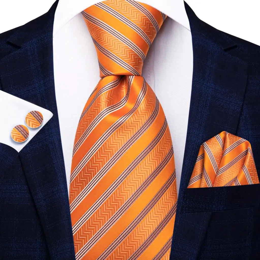 Hi-Tie Men Fashion Striped Navy Blue Necktie Handkerchief Cufflinks for Tuxedo Accessory Classic Silk Luxury Tie for Man Gift