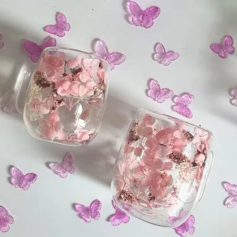 1pc Double-walled Glass Coffee Mug With A Real Flower Design Inside, Suitable For Coffee, Milk, And Other Beverages.