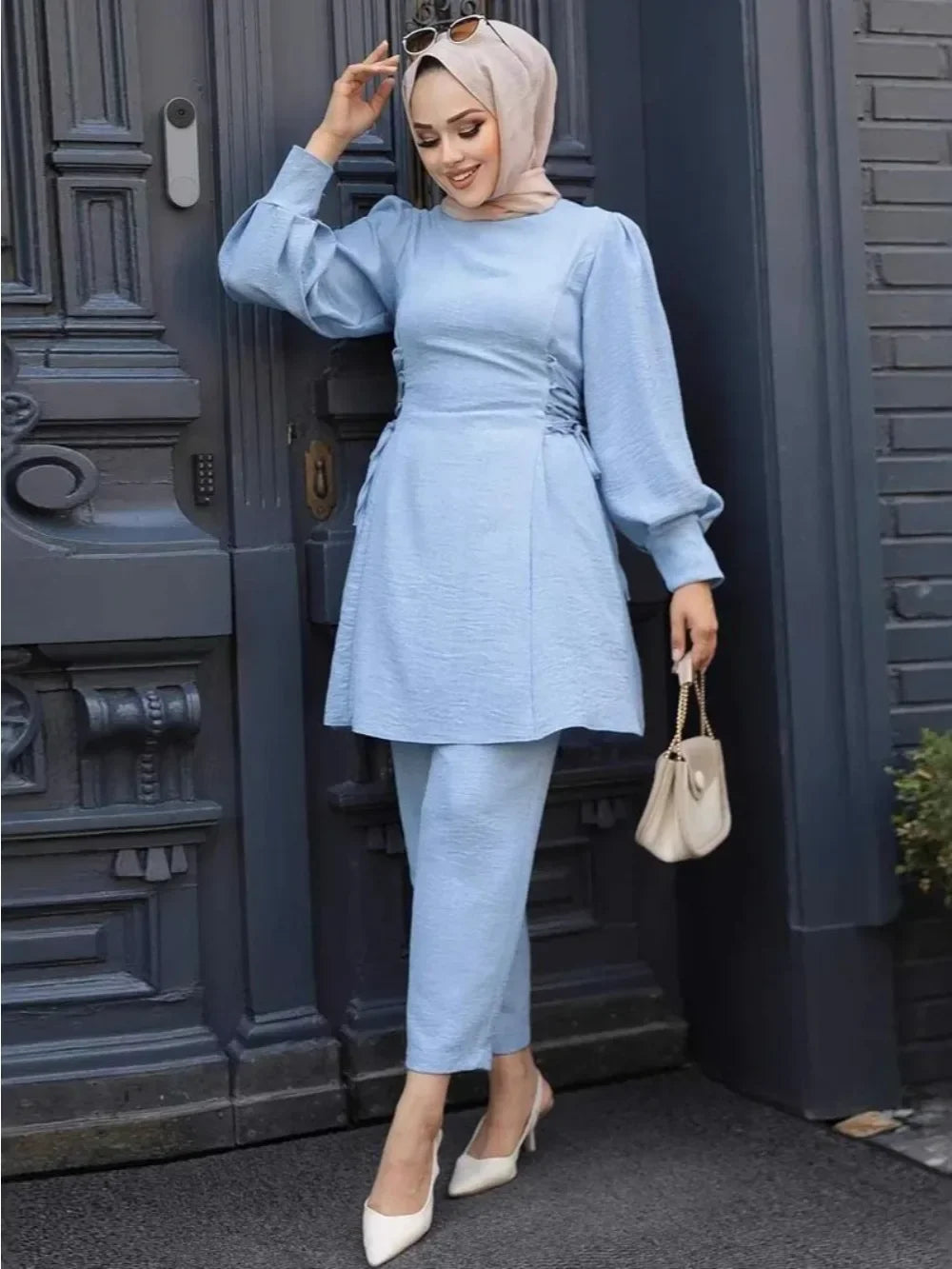 Muslim Women 2 Piece Set Women Lace Up Long Top Shirt Straight Pants Suit Ramadan Morocco Dubai  Ensemble Trousers Arabic Outfit