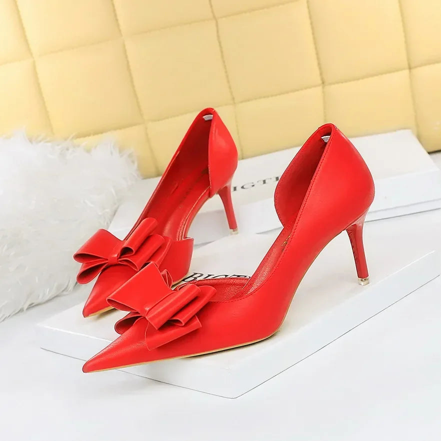 2025 Fashion Delicate Sweet Bowknot High Heel Shoes Side Hollow Pointed Women Pumps Pointed Toe 10.5CM thin Dress Shoes
