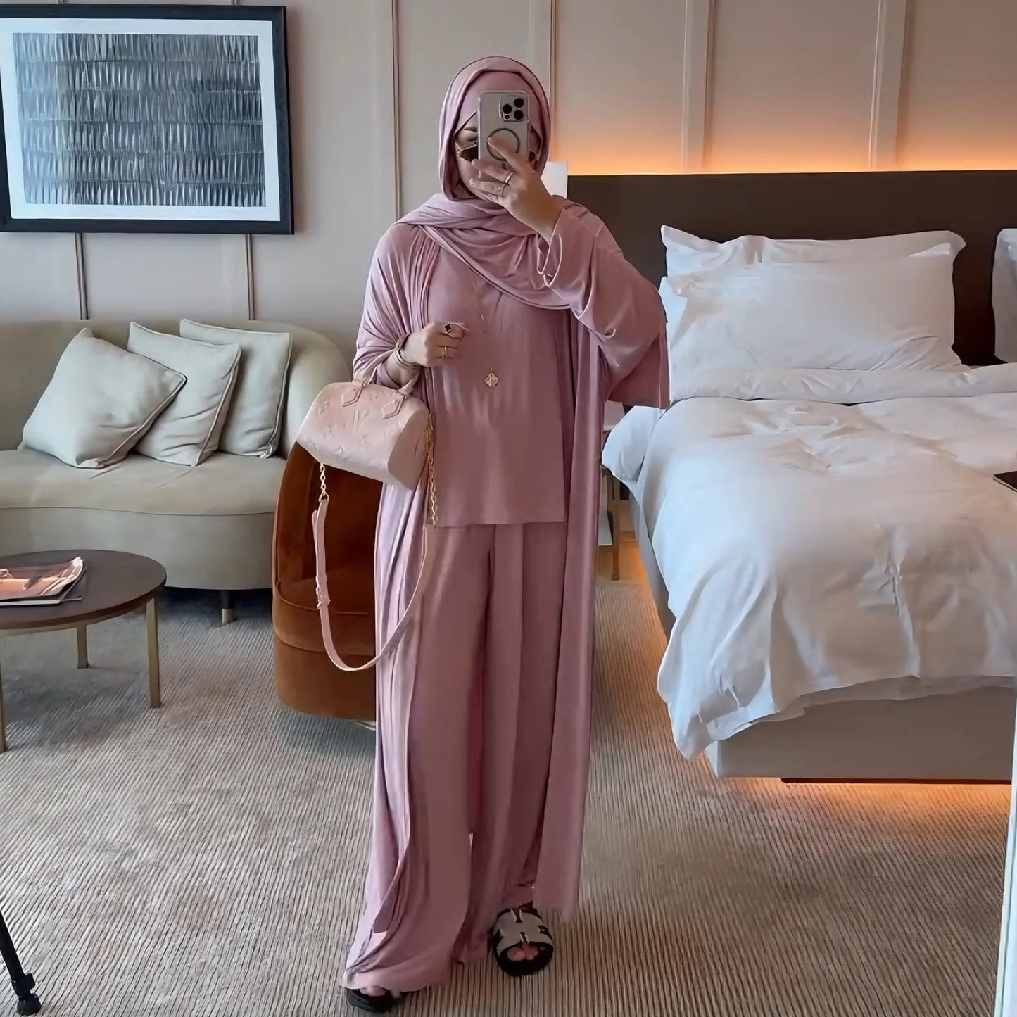 Muslim 3 Piece Set Women Cardigan Shirt Wide Leg Pant Blouse Top Suit Musulman Ensemble Dubai Casual Femme Outfits Solid Casual