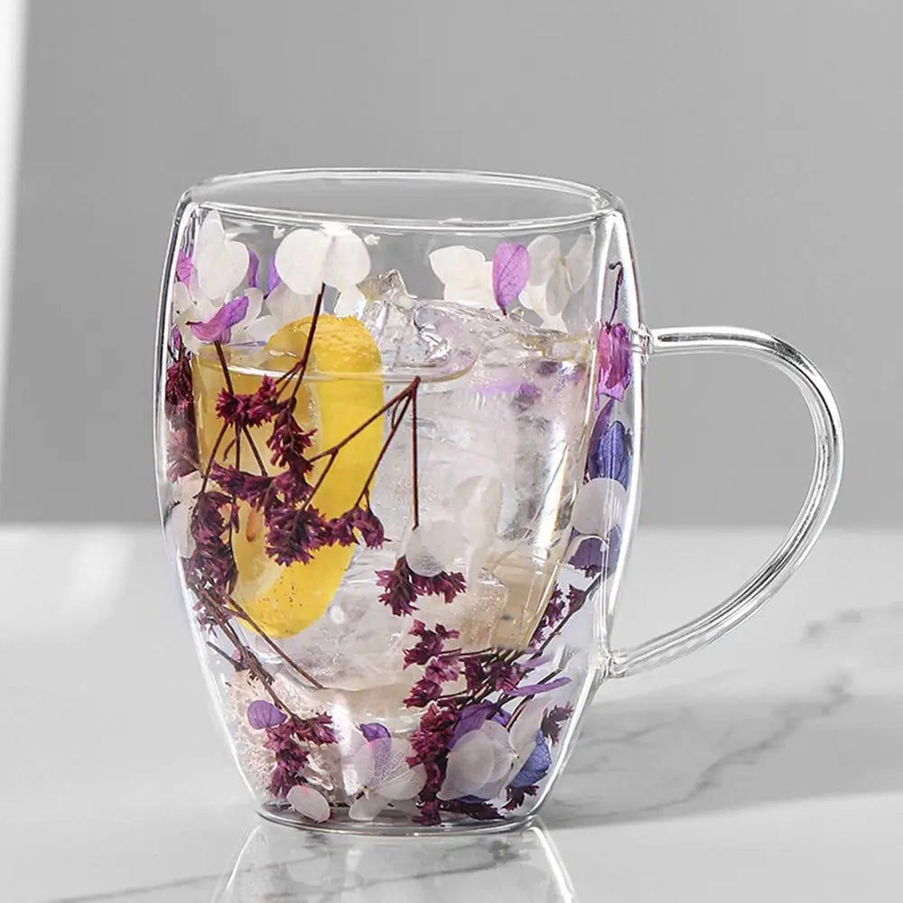 Dried Flowers Double Walled Coffee Mug 350ml Dried Flowers Glass Mugs Unique Creative Flower Mug with Handle Anti-Scalding Mug