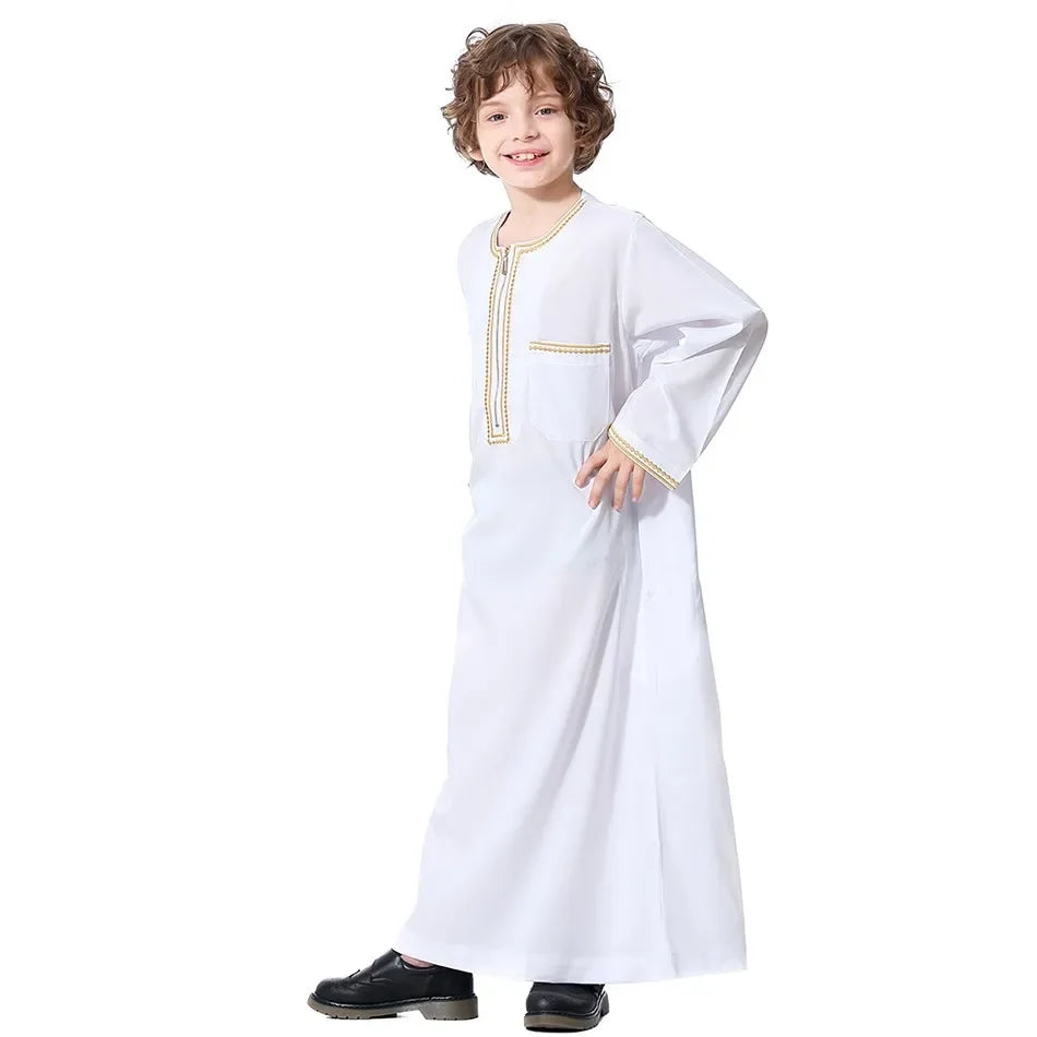 Teenage Boys' Summer Muslim Robe Kids Arab Folk Clothes Boys Solid Color Thobe 5-14 Years National Outfit for Children New
