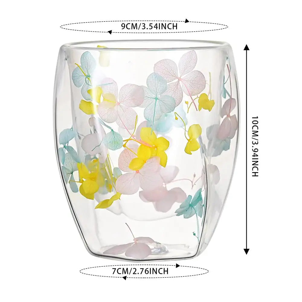 Dried Flower Double Wall Clear Glass Coffee Mugs Dried Flower Decorated Coffee Cup Milk Mug Heat Insulation Coffee Cup 350ml