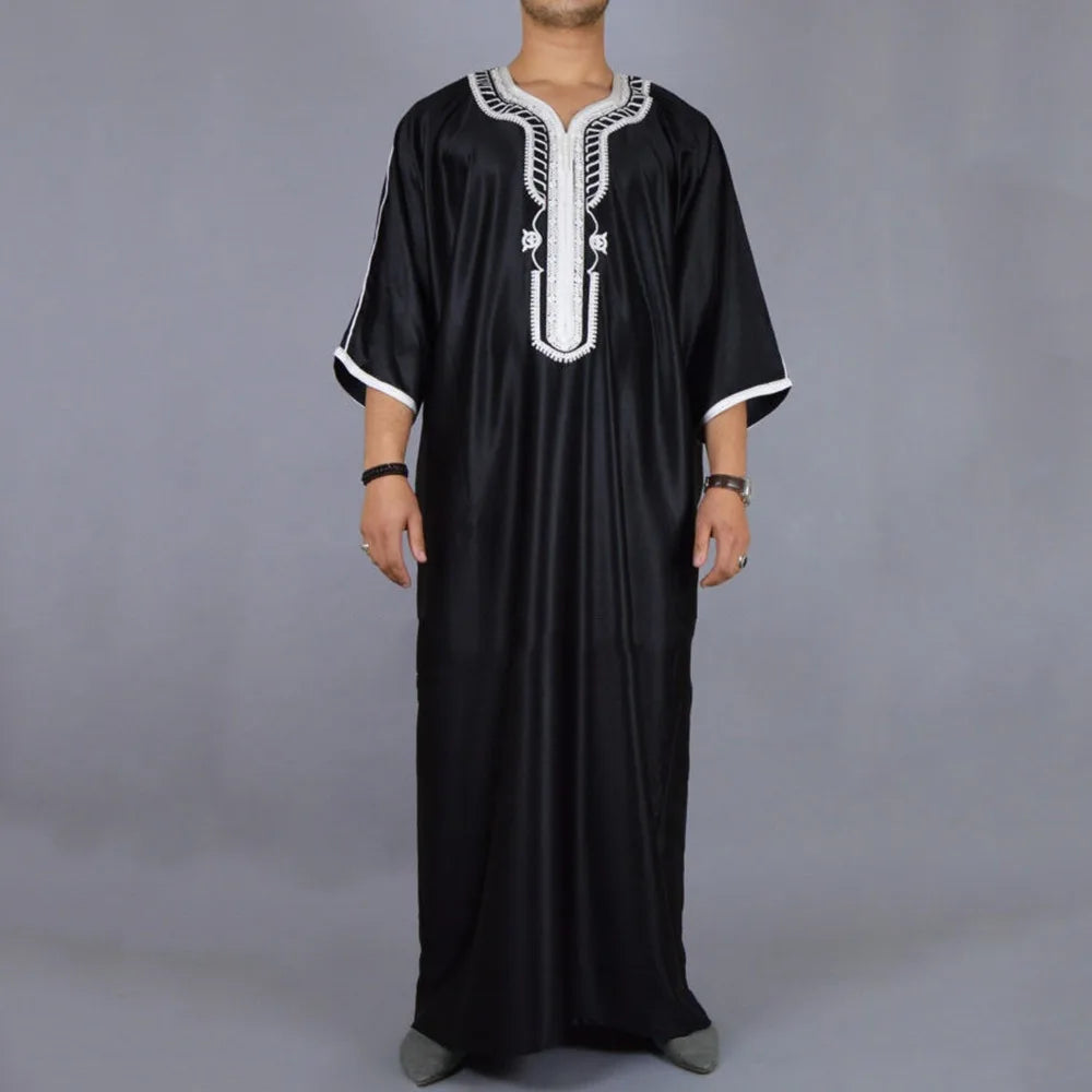 Men's Long Embroidered Casual Islamic Shirt Loose Muslim Prayer Suit Suitable for Young People's Daily Cultural Clothing Robe