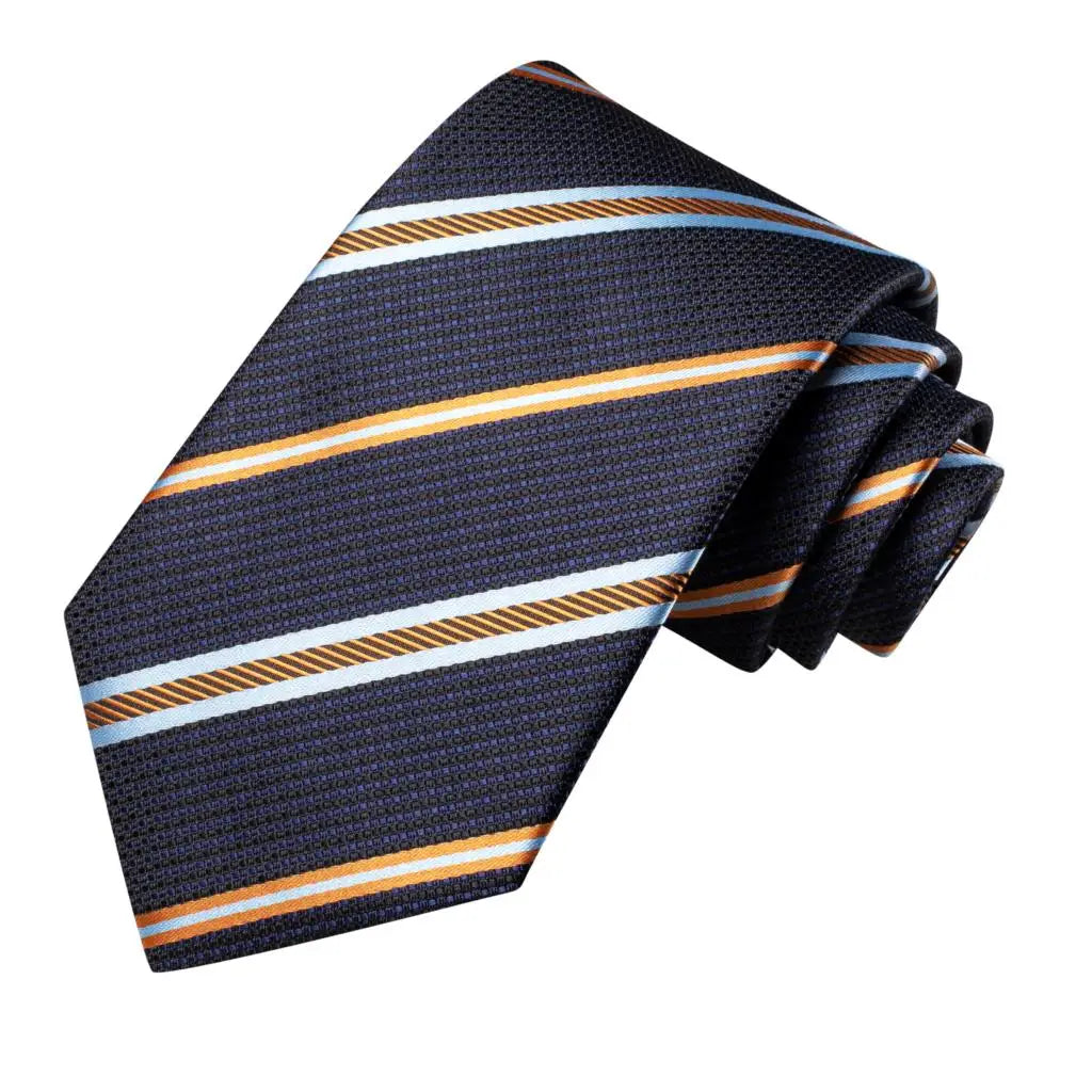 Hi-Tie Men Fashion Striped Navy Blue Necktie Handkerchief Cufflinks for Tuxedo Accessory Classic Silk Luxury Tie for Man Gift