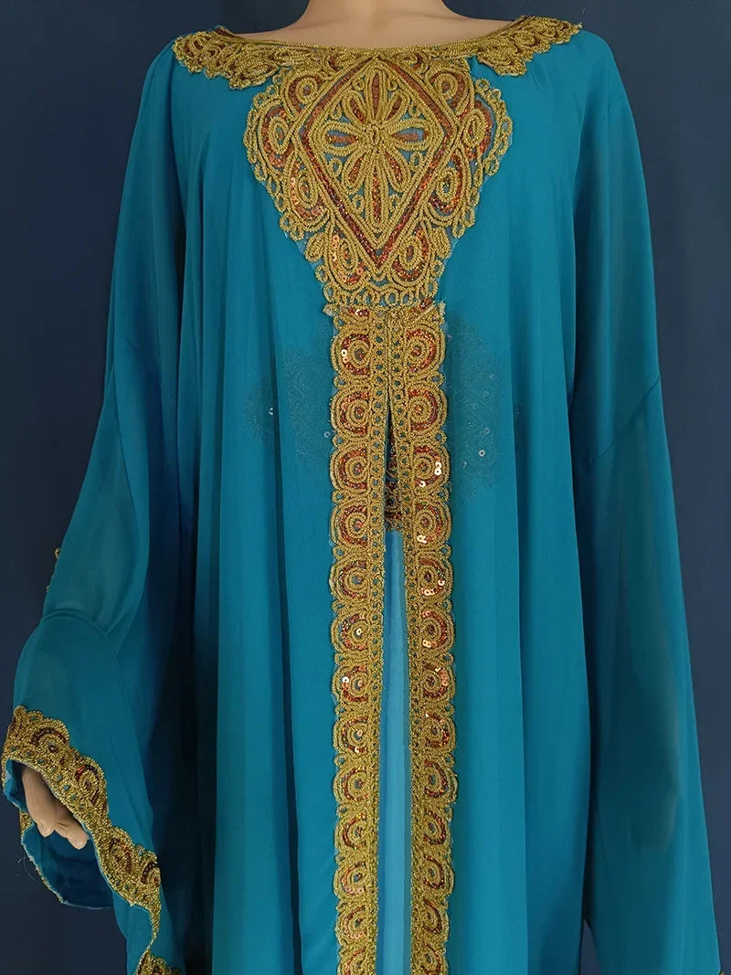 Women Abaya Party Dresses Muslim Caftan 2 Piece Set Eid Flare Sleeves Robe Embroidered Gold Lace Dress Suit Jalabiya Ramadan