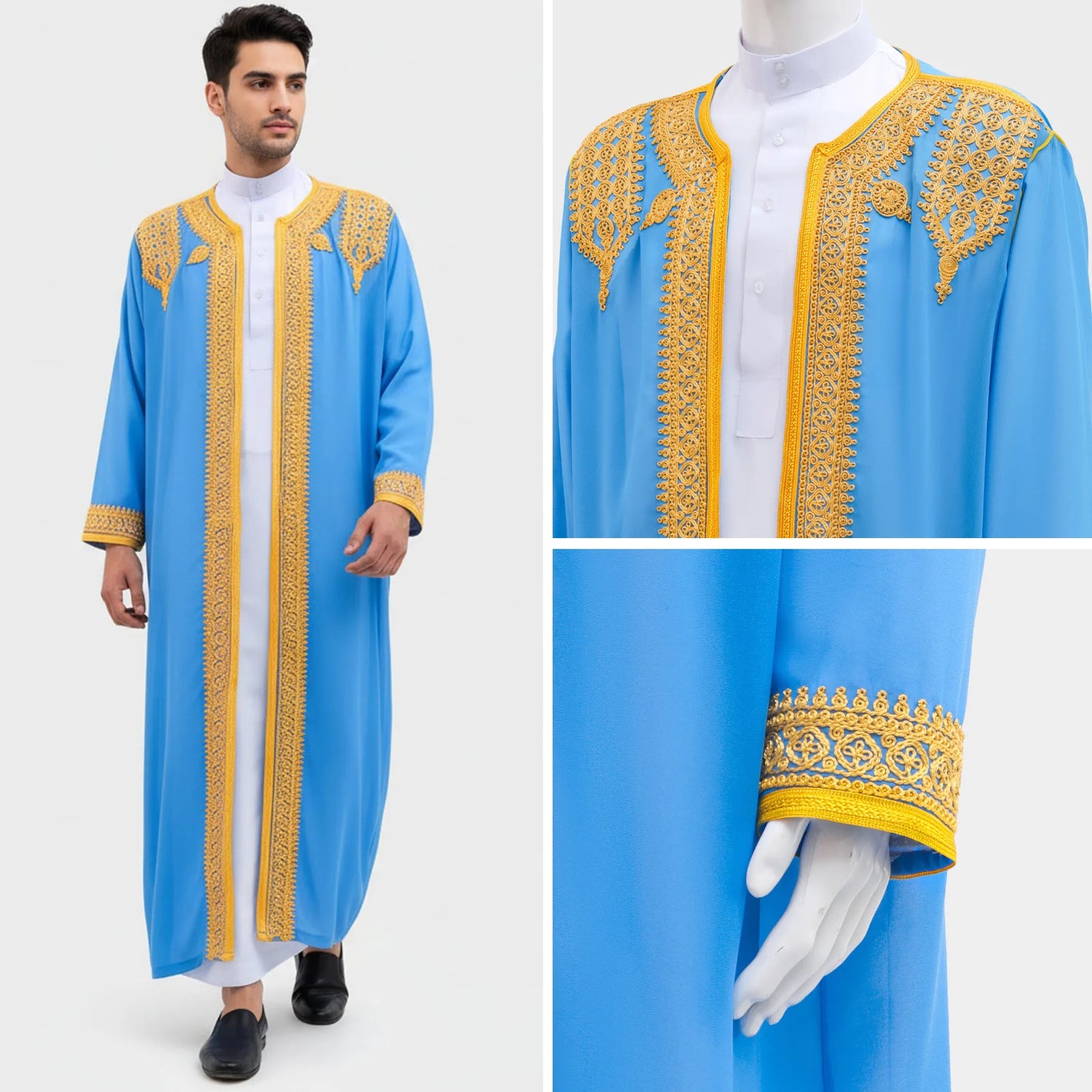 Middle Eastern Traditional Arabic Men's Robe Embroidered Thobe Thoub Dishdasha Jubba Eid Djellaba Open Kimono Abaya Saudi Robes