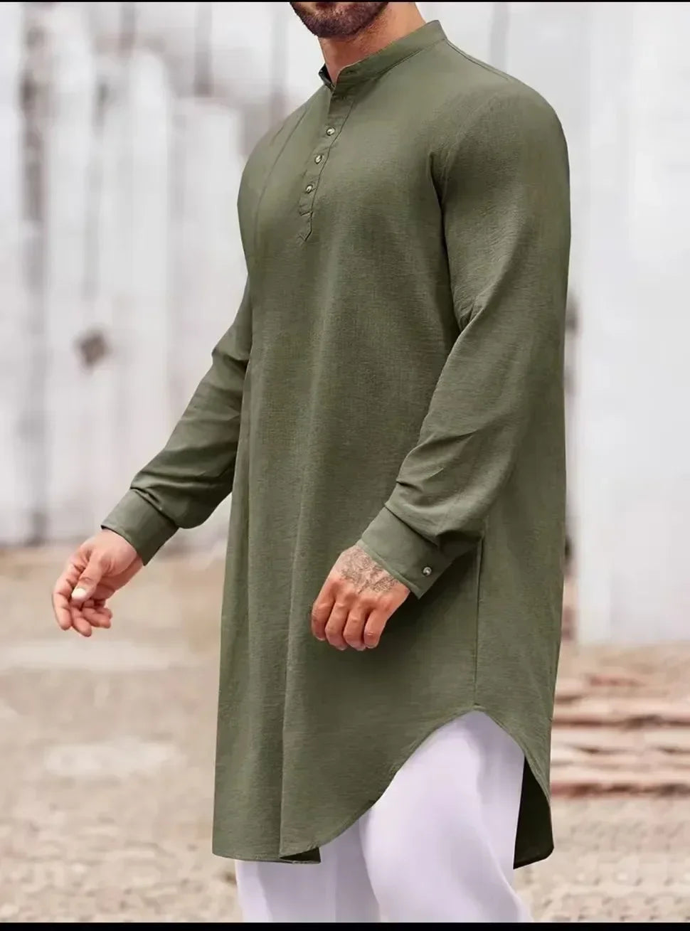 2025 New Muslim Middle East Arab Malaysia Men's Button Cotton Line Shirt Muslim Robe