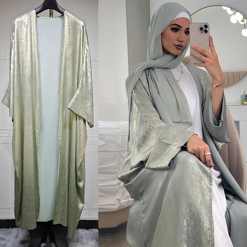 Shiny Satin Open Kimono Abaya 2025 Ramadan Dubai Luxury Muslim Kaftan Dress for Women Islam Clothing Robe Femme Musulmane