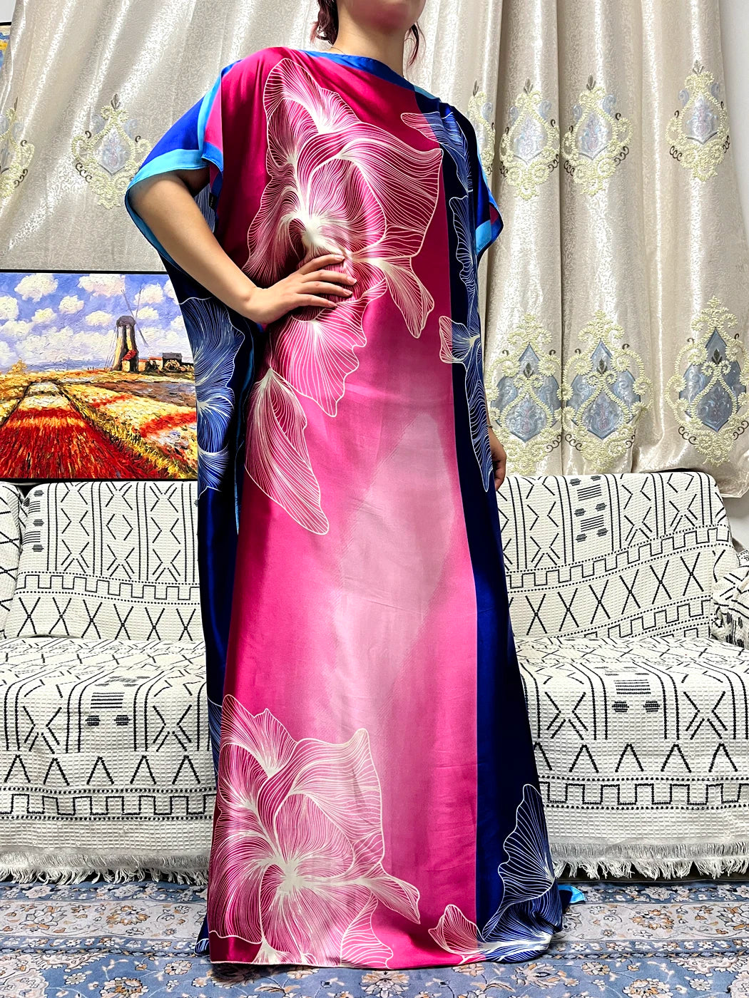 Abayas For Women 2023 Printed Silk Soft Loose Femme Robe Muslim Summer Fashion Clothing African Islam Woman Dresses With Turban