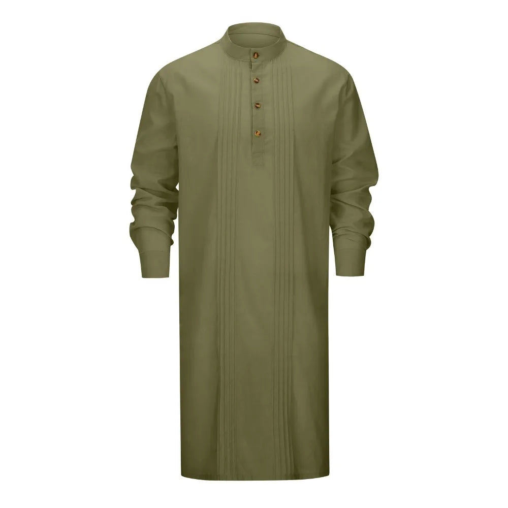 Men's Arabic Style Long Shirt - Minimalist Thobe Robe Shirt, Modern Traditional Muslim Wear for Casual & Prayer