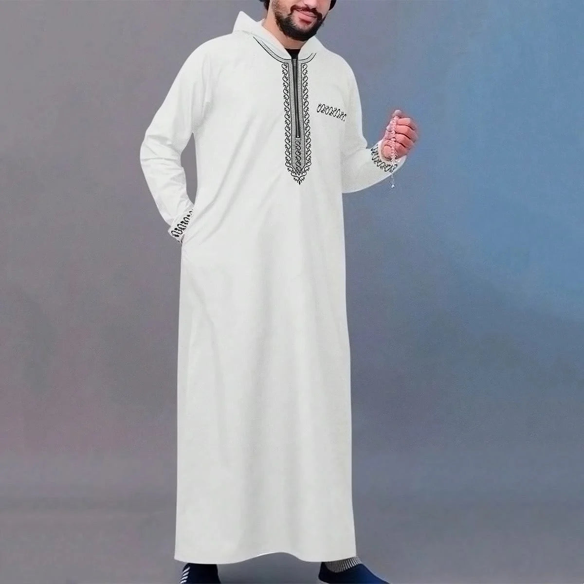 Hooded Moroccan robe Luxury men's embroidered sleeve long pocket Muslim garment Abaya Middle East Juba Thobe robe