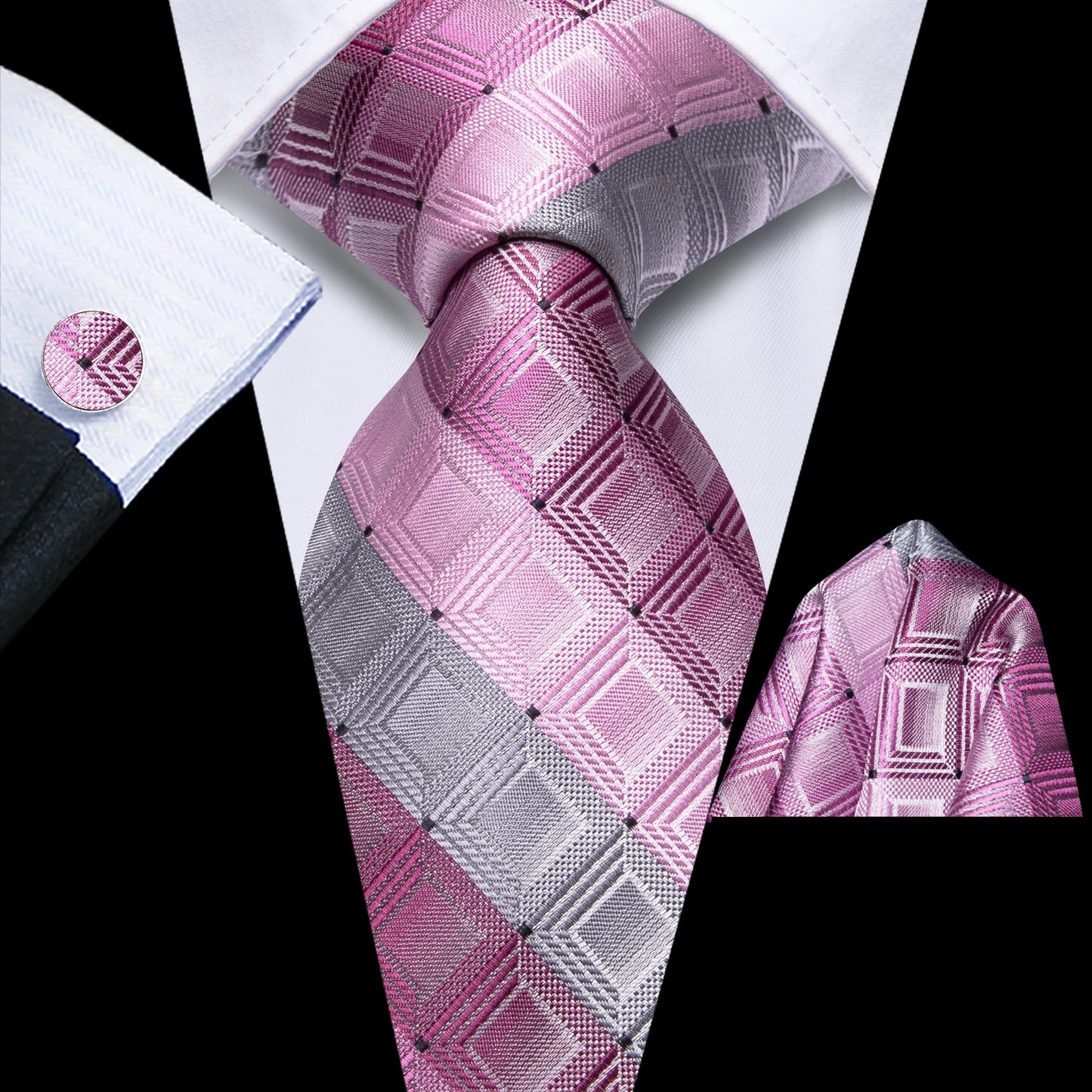 Hi-Tie Plum Color Pliads Mens Fashion Necktie Handkerchief Cufflinks for Tuxedo Classic Tie Man Gift Valentine's Day