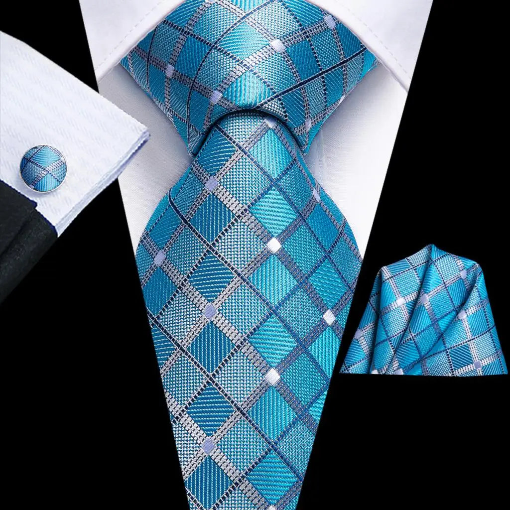 Hi-Tie Plaid Silk Tie For Men Elegant Mens Blue Grey Necktie Pocket Square Cufflink Groom Wedding Accessory Wholesale Designer
