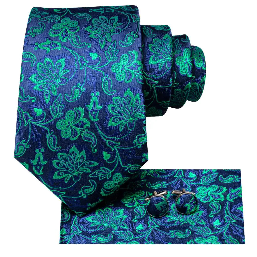 Hi-Tie Teal Green Floral Mens Fashion Necktie Handkerchief Cufflinks for Tuxedo Accessory Classic Silk Luxury Tie for Man Gift