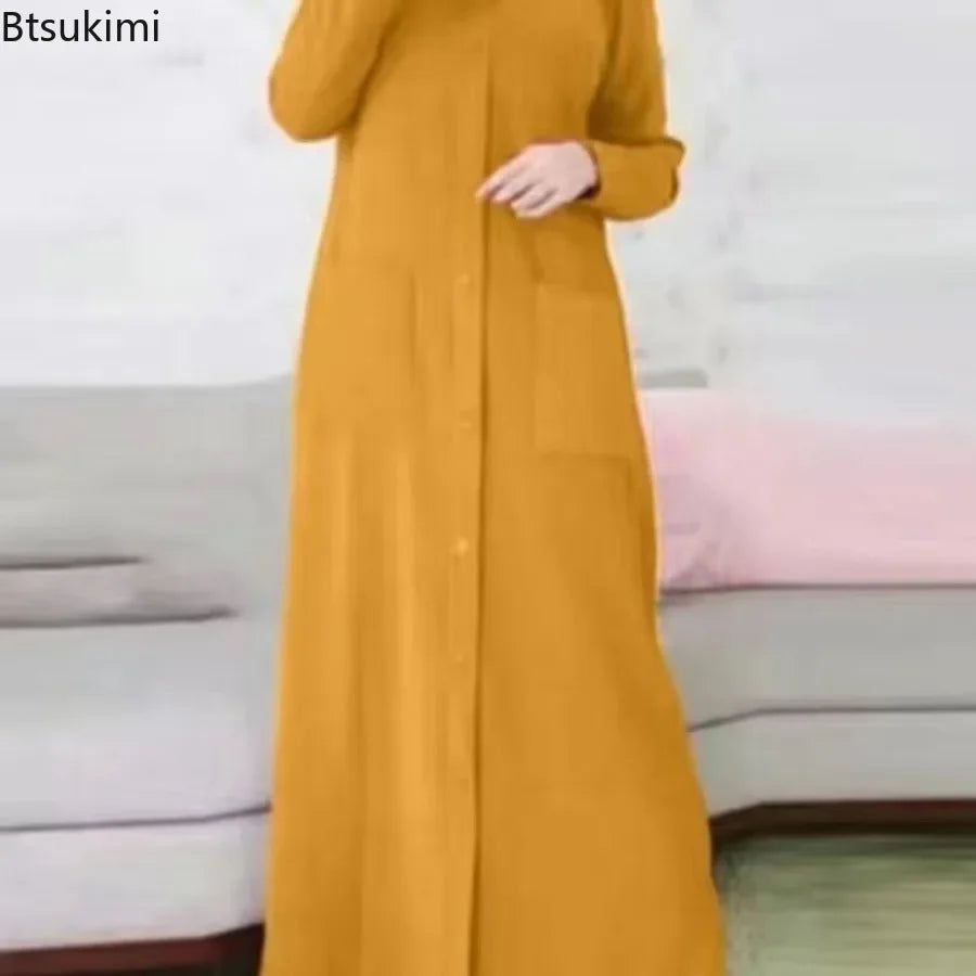 Fashion Women Muslim Solid Abaya Ramadan Turkey Dress Spring Long Sleeve Casual Shirt Dress Hijab Arab Robe Islam Clothing Femme