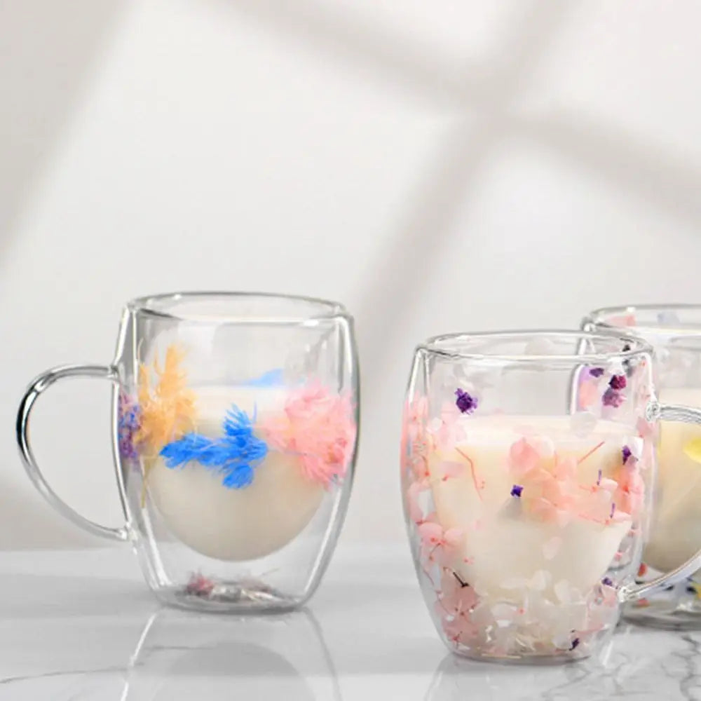 Dried Flowers Double Walled Coffee Mug 350ml Dried Flowers Glass Mugs Unique Creative Flower Mug with Handle Anti-Scalding Mug