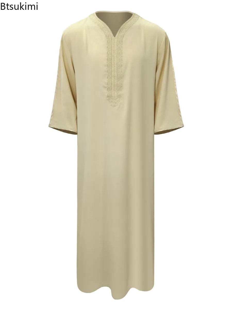Ethnic Style Kandouras Thobe for Men Jabador Gandoura Side Pockets Embroidery Abaya Long Sleeve Muslim Kaftan Vintage White Robe