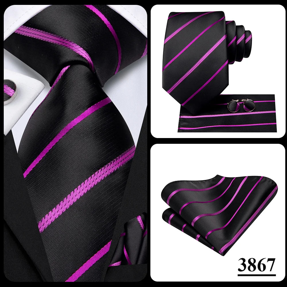 Hi-Tie Men Fashion Striped Navy Blue Necktie Handkerchief Cufflinks for Tuxedo Accessory Classic Silk Luxury Tie for Man Gift