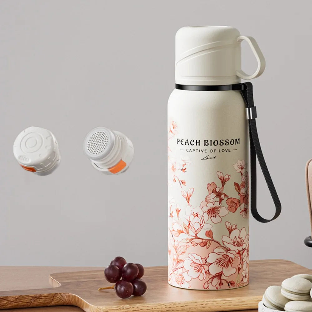 620ml Flower Pattern Thermos Bottle with Filter Stainless Steel Travel Mug Large-capacity Double Wall Thermal Cup Travel
