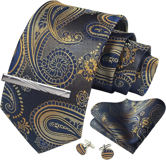 Mens Tie Set Silk Silver Paisley Floral Necktie and Pocket Square Cufflinks Tie Clip Classic Formal Ties for Men Wedding Party