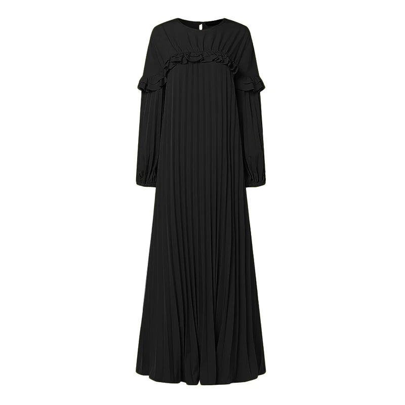 ZANZEA Elegant Hijab O Neck Maxi Dress Pleated Women Solid Muslim Islamic Abaya Robe Lantern Sleeve Casual Ruffles Vestidos