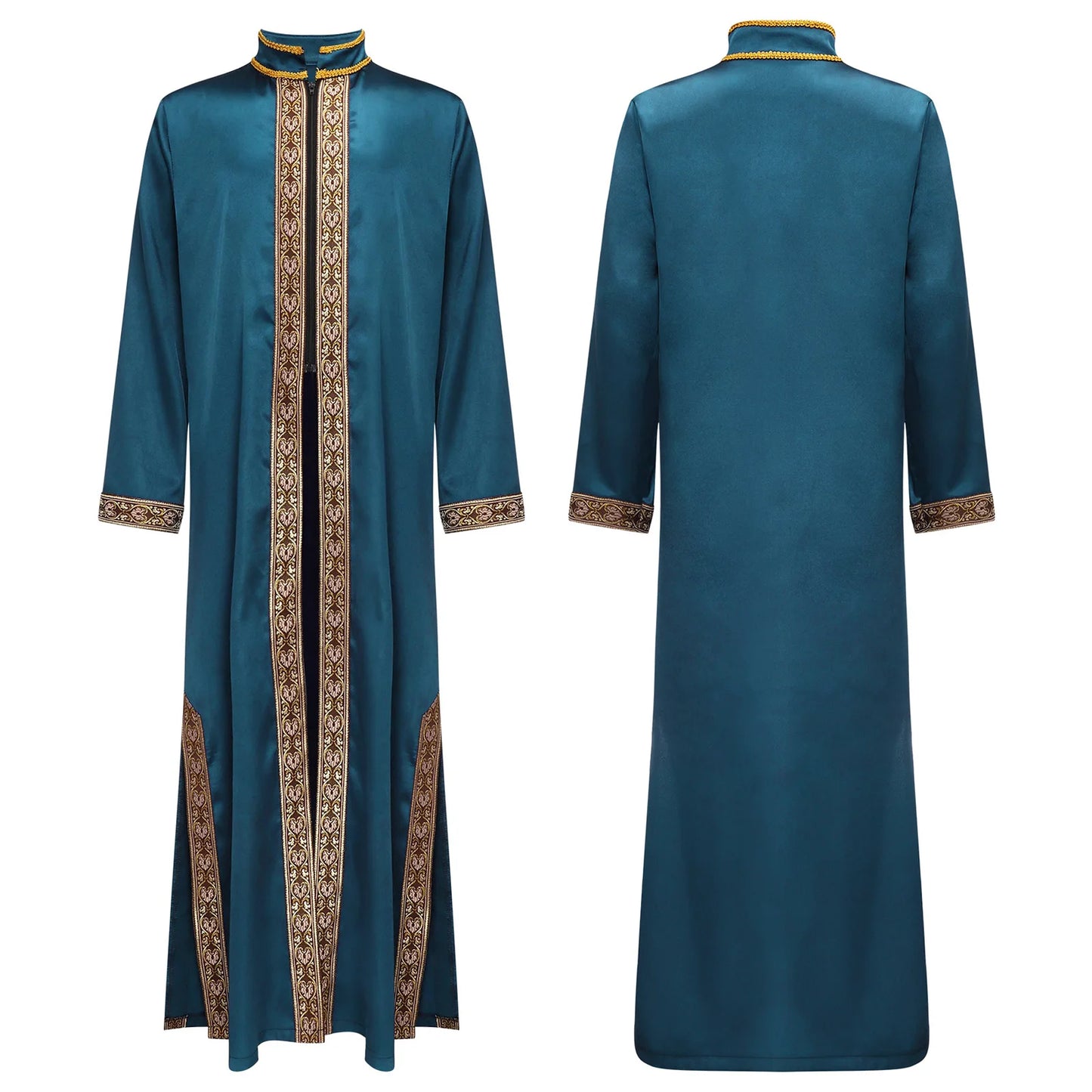 Boys Gold Embroidery Maxi Muslim Thobe Kaftans Arab Gown Islamic Robe Cosplay Long Sleeves Coats Festival Holiday Costume
