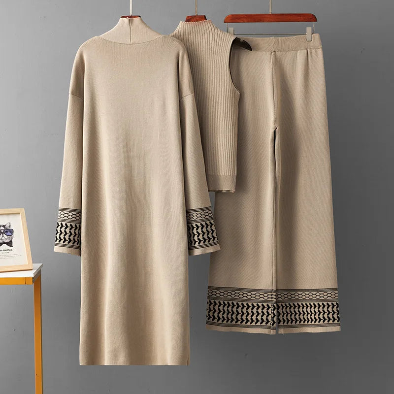 Eid Suit Women Cardigan Sweater Vest Wide Leg Pants Muslim 3 Piece Set Knitting Coat Trousers Morocco Dubai Knitwear Outfits
