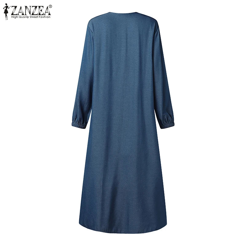 ZANZEA Ramadan Hijab Dresses Muslim Abaya Robe Femme Casual Long Sleeve Kaftan IsIamic Vestidos Women Denim Blue Maxi Dress 2025