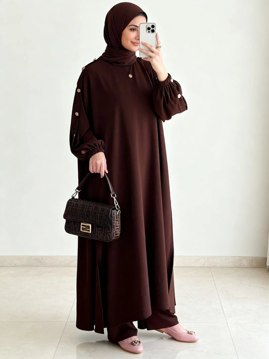 Blouse 2 Piece Set Muslim Set Dress Women Long Sleeve Abaya Shirt Wide Leg Pant Suits Arabic Dubai Dresses Musulman Ensembles