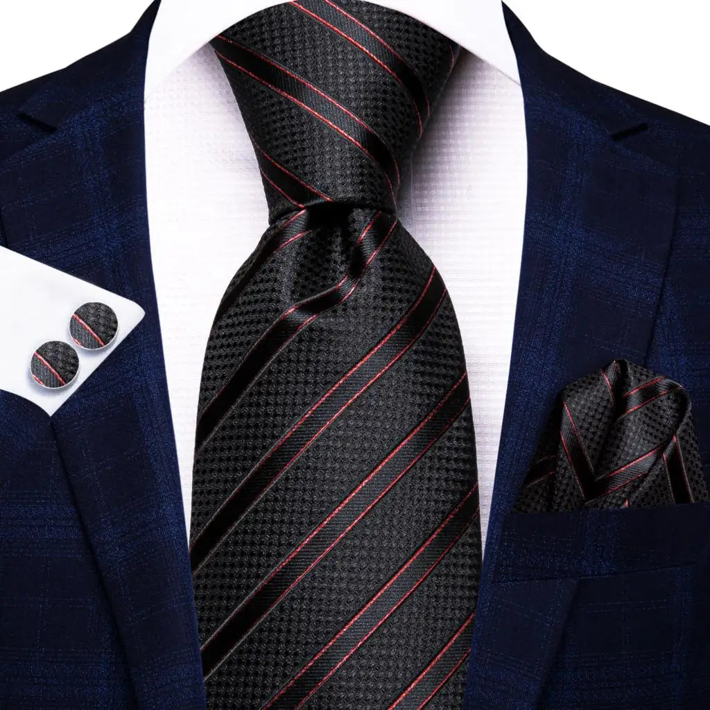 Hi-Tie Men Fashion Striped Navy Blue Necktie Handkerchief Cufflinks for Tuxedo Accessory Classic Silk Luxury Tie for Man Gift