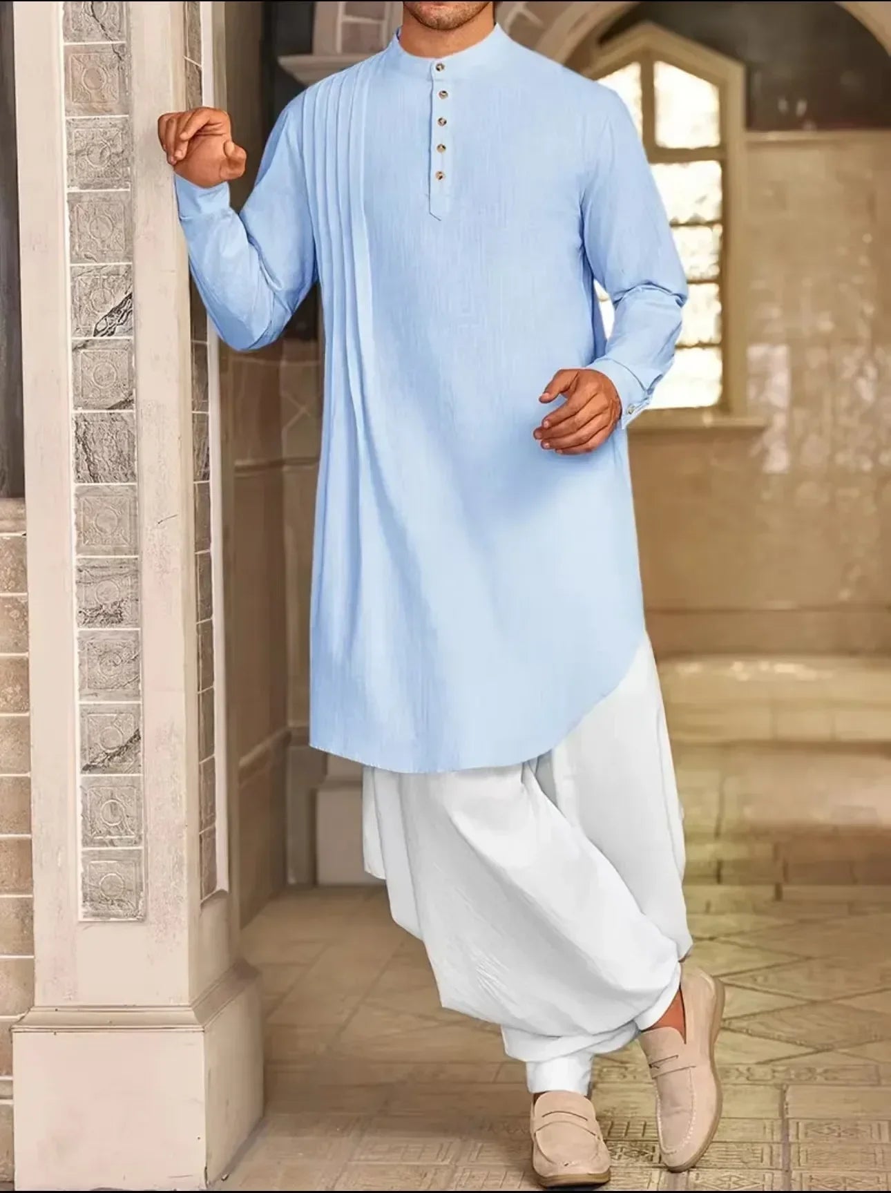 2025 New Muslim Middle East Arab Malaysia Men's Button Cotton Line Shirt Muslim Robe
