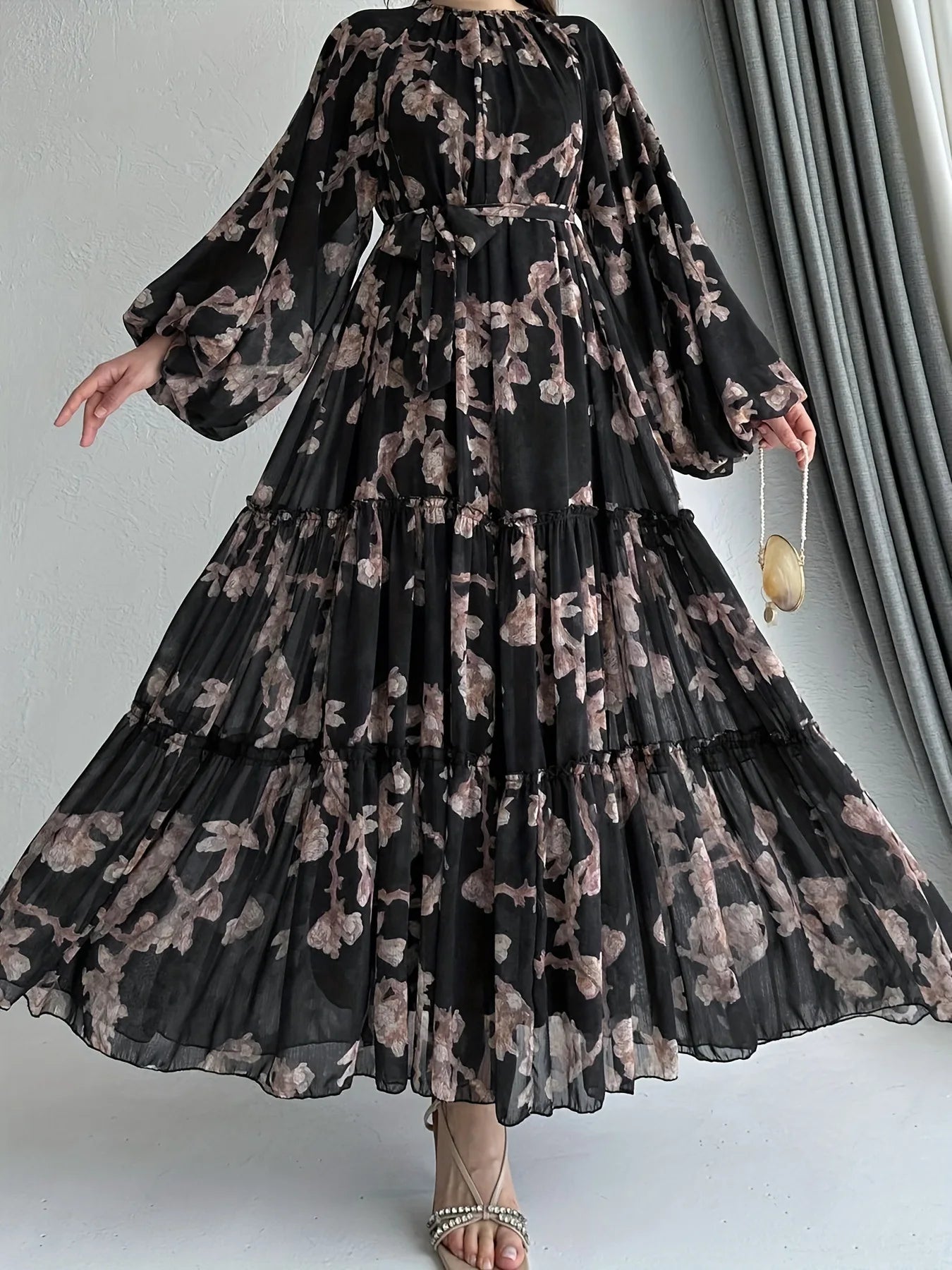 Eid Chiffon Women Dress Abaya Flower Print Muslim Vestidos Largo Dubai Kaftan Arab Long Robe Ramadan Morocco Dresses Jalabiya