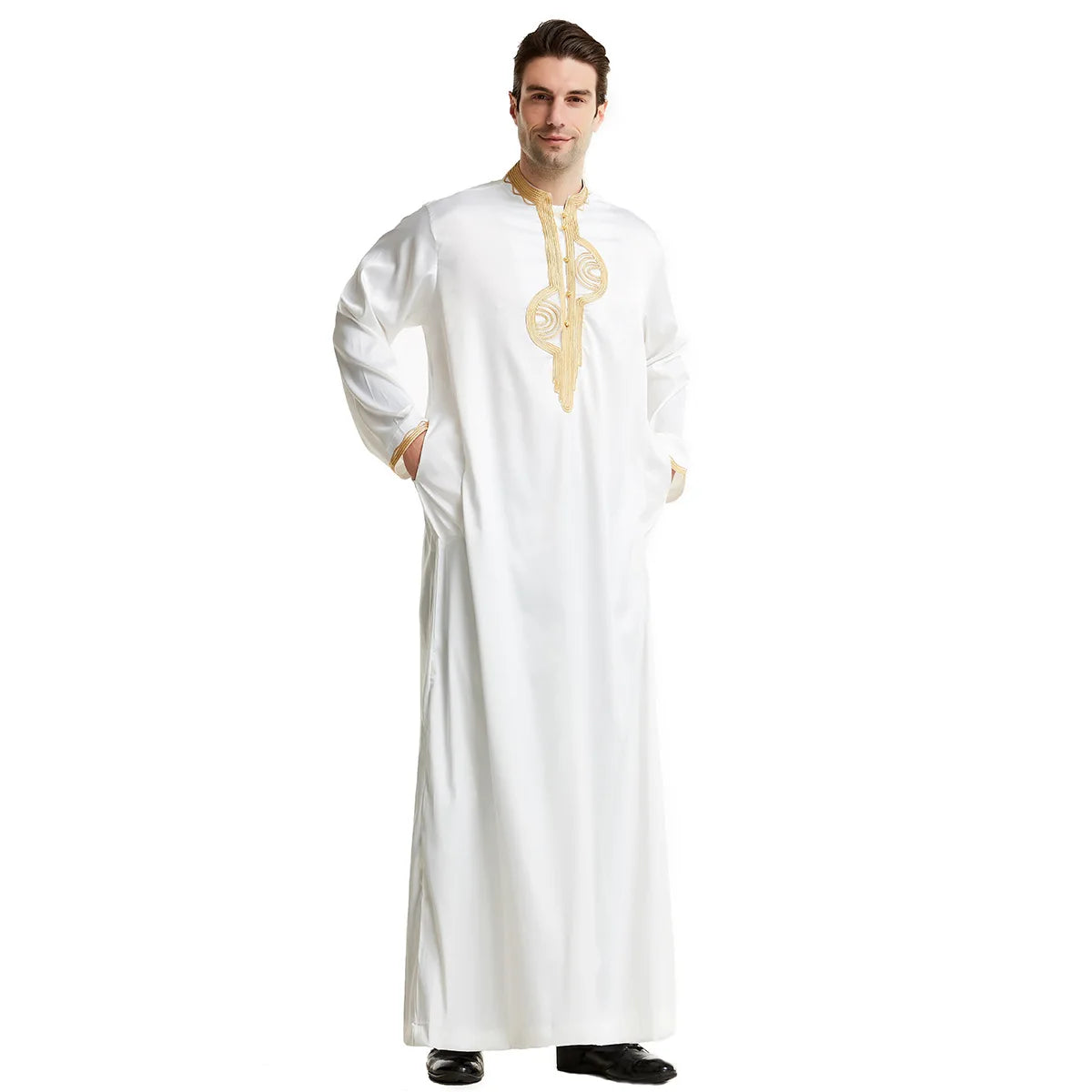 1pcs/lot man fashion embroidery muslim long robe man stand collar long sleeve jubba thobe