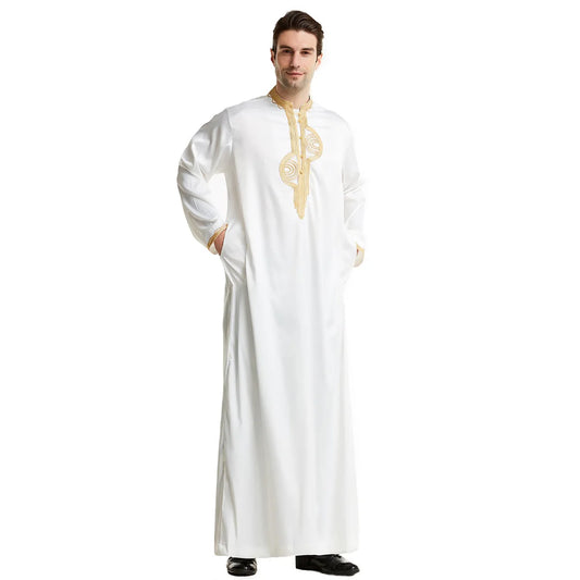 1pcs/lot man fashion embroidery muslim long robe man stand collar long sleeve jubba thobe