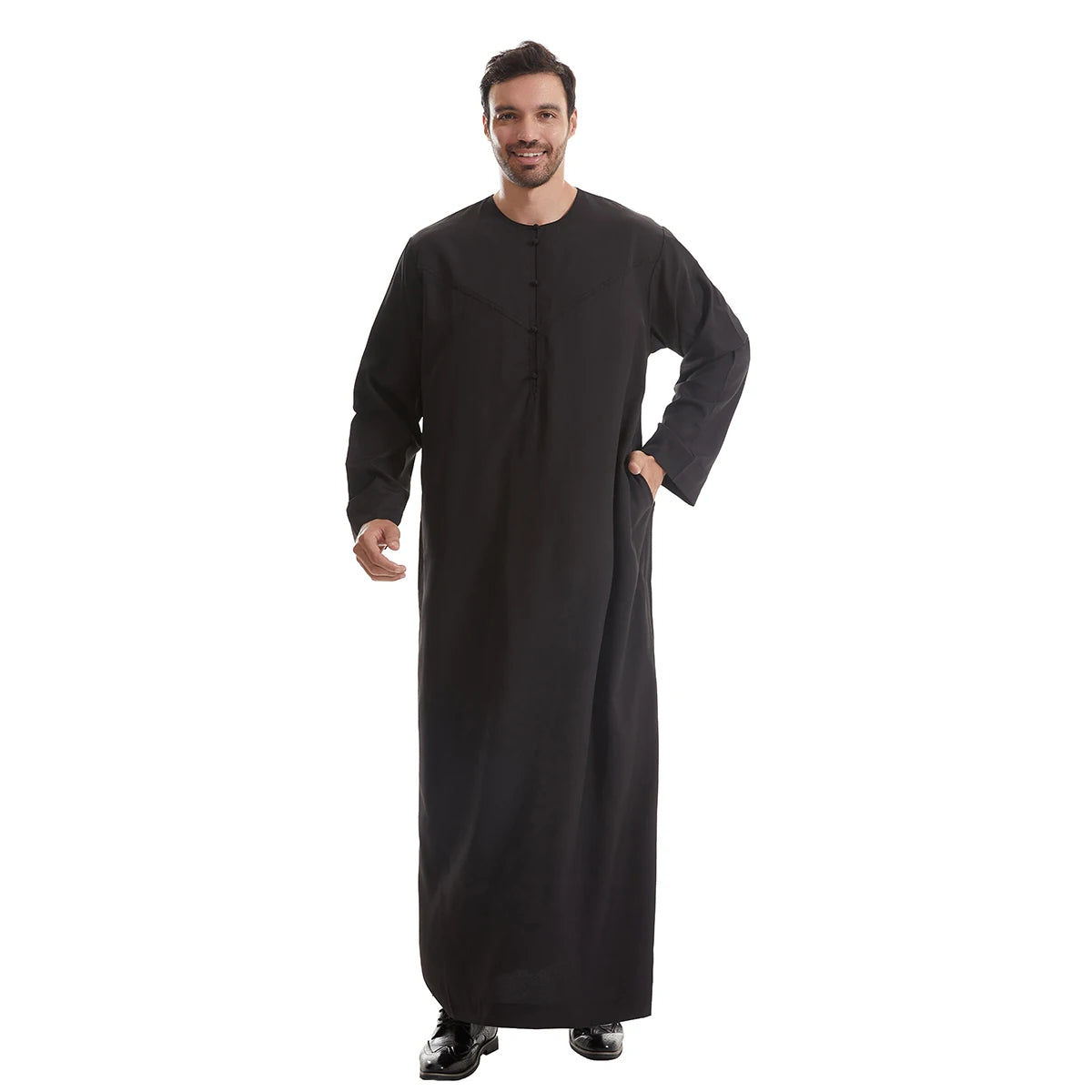 TH839 Men's Muslim Middle Eastern Men Long Sleeves Pure Color Buckle Robe Ramadan Eid Jubba Thobe