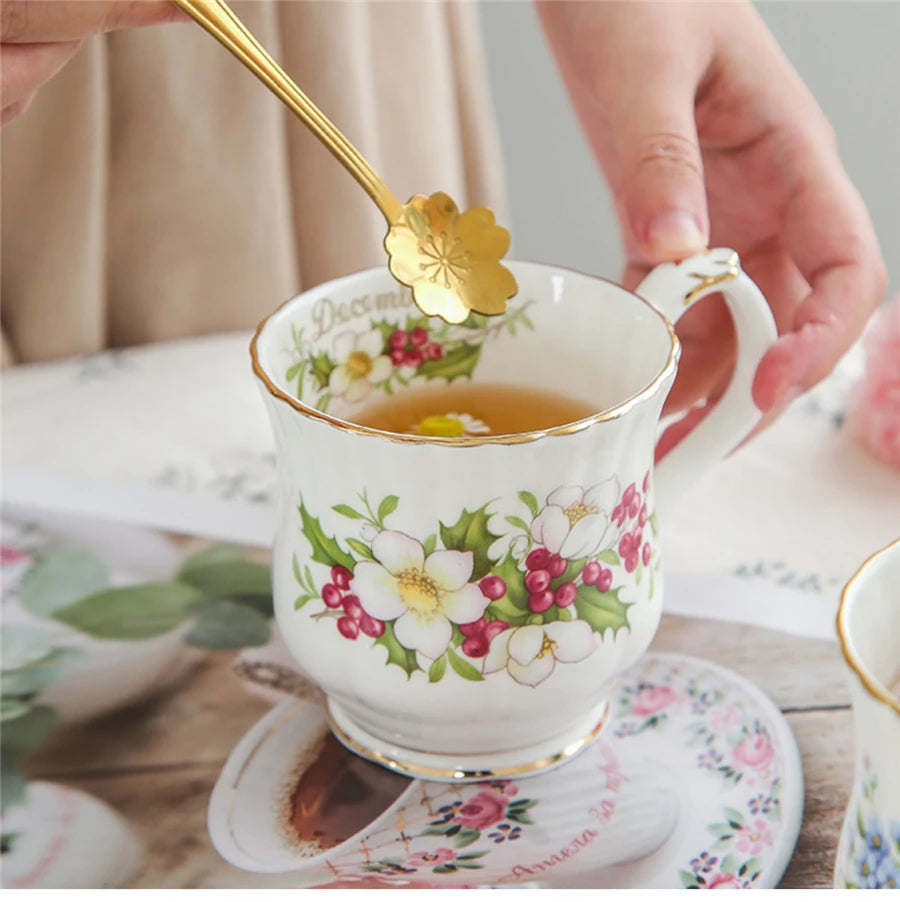 Retro Coffee Mug Ceramic Exquisite Seasonal Flower Printed Couple Cup Bone China Creative Gift Home Drinkware Breakfast Milk Mug