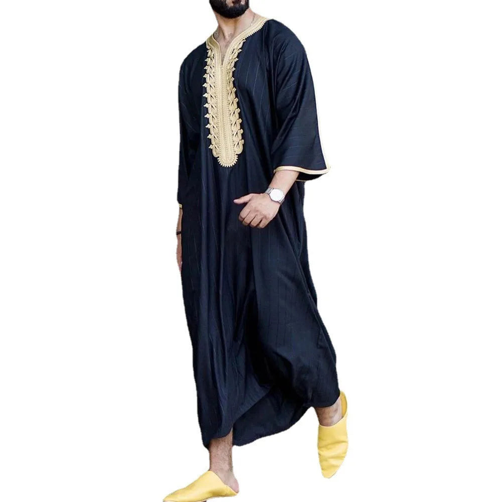 Men's Arabian Thobe - Summer V-Neck Short Sleeve Robe, Loose Fit Muslim Islamic Clothing for Casual Wear