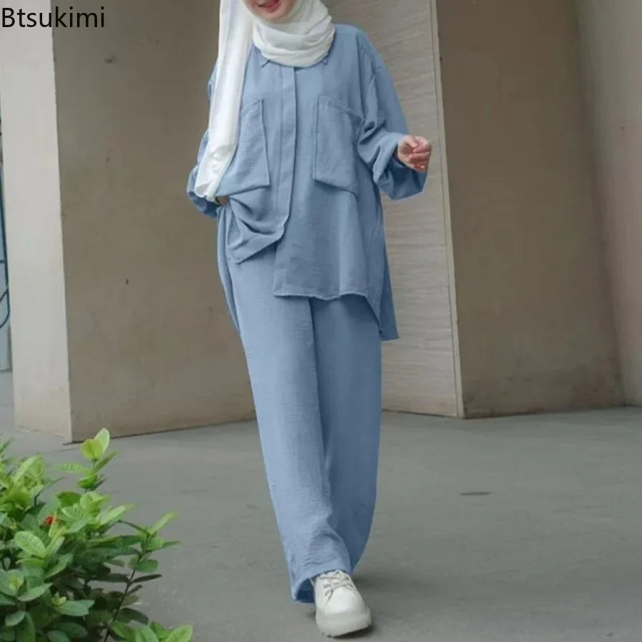 Women Casual Muslim Suit Solid Abaya Eid Ramadan Long Sleeve Blouse+Pants 2 Piece Set Dubai Turkey Kaftan Women Islamic Clothing