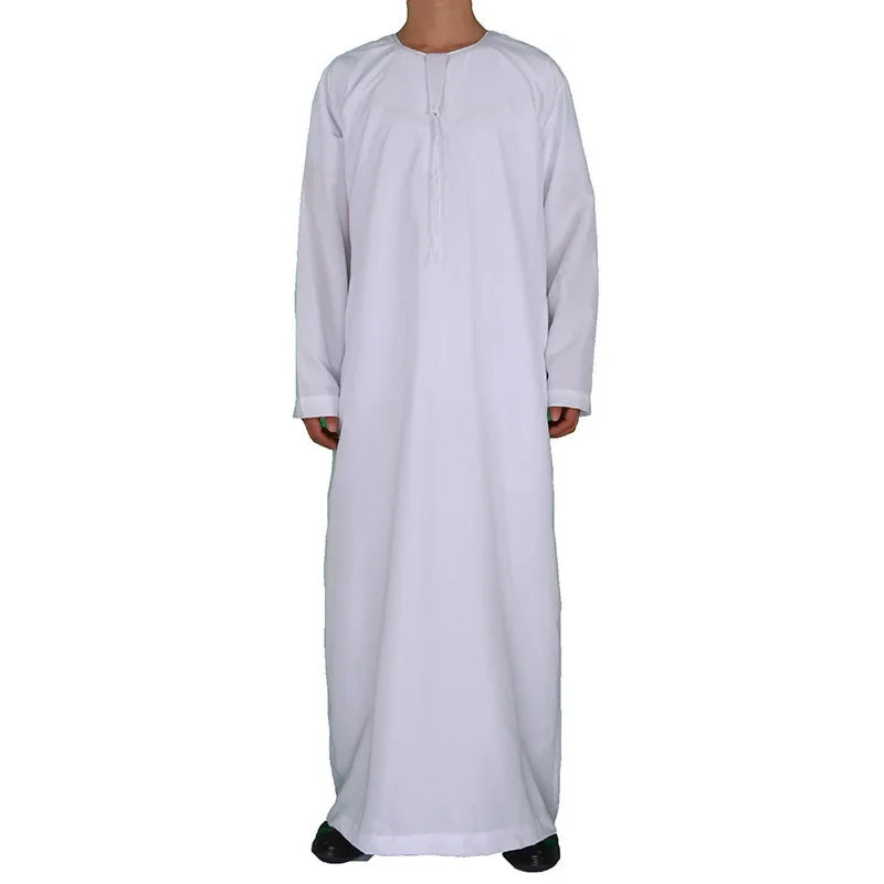 2024 Men's New Muslim Abaya Casual Middle Eastern Round Neck Robe + White Headscarf + Headband Islamic Robe Clothing